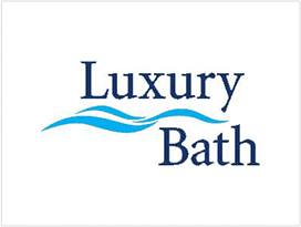 A blue and white logo of luxury bath